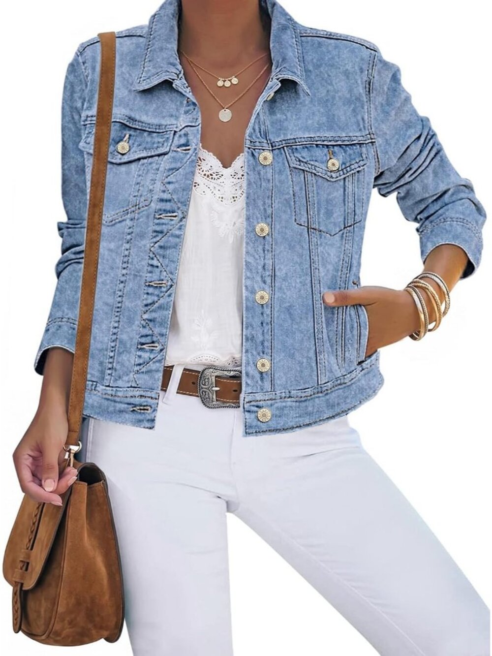 Women's Snow Wash Blue Cotton Button Down Stretch Fitted Long Sleeve Jean Jacket